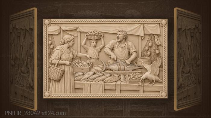 Fishmonger slices tuna as gull steals scrap 3d STL model