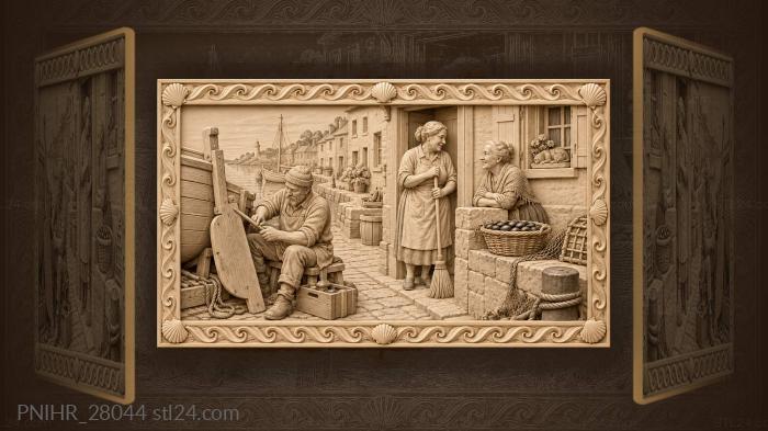 Coastal town life sunny morning 3d STL model