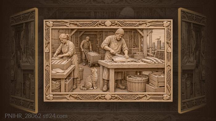 Man scaling fish as cat waits 3d STL model