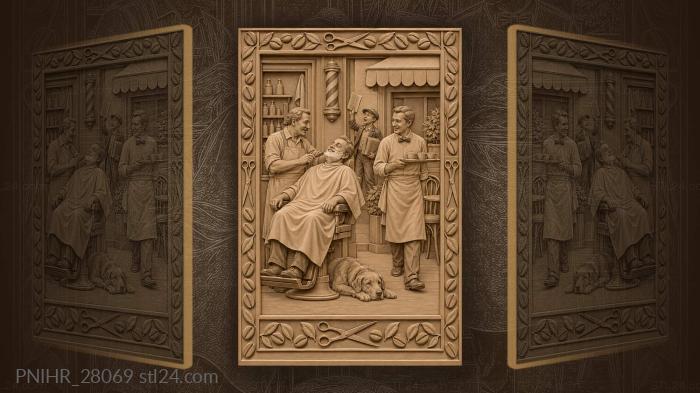 Barber shaving a customer beside cafe 3d STL model