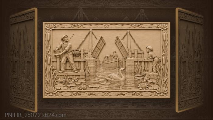 Canal lilies drawbridge summer scene 3d STL model