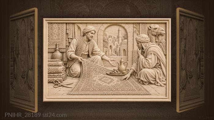 Rug seller unrolling kilim beside brass teapot 3d STL model