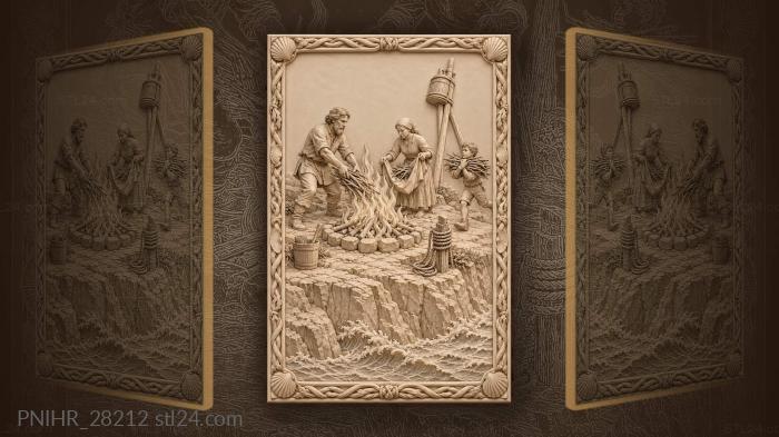 Three villagers kindle a beacon atop cliff 3d STL model
