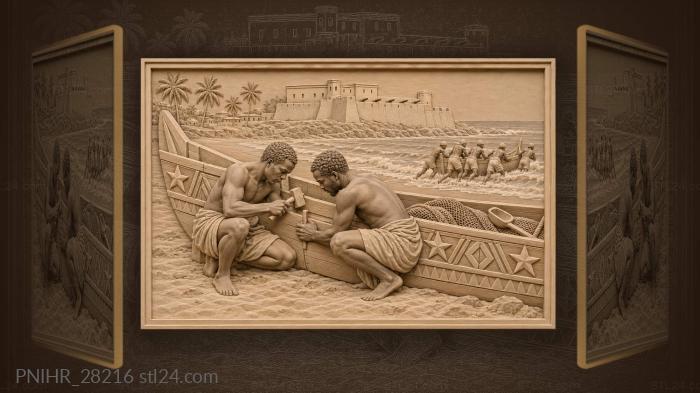 Coastal fishermen repairing vibrant canoe 3d STL model