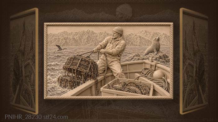 Coastal fisherman and resting seal 3d STL model