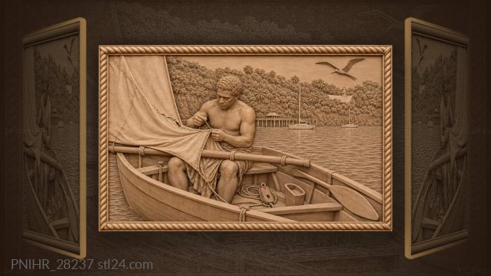 Tongan fisherman mending sail at harbor 3d STL model
