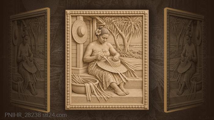 Rarotongan weaver crafting pandanus hat 3d STL model