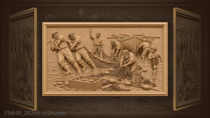 Seven fishermen haul nets at low tide 3d STL model