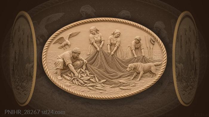 Beach haul women fish and gull 3d STL model