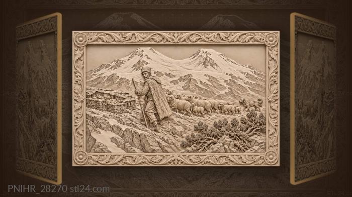 Shepherd guides sheep between snowy summits 3d STL model