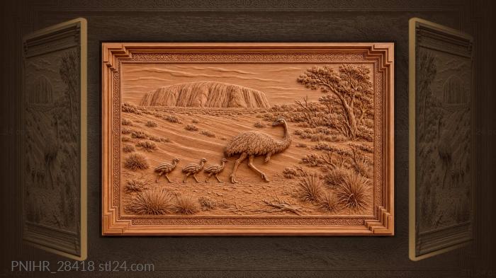 Emu leads four chicks over red dunes 3d STL model