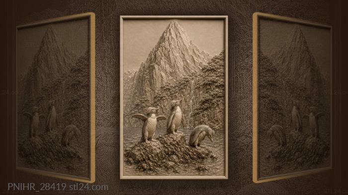 Three penguins on wet boulders below the peak 3d STL model