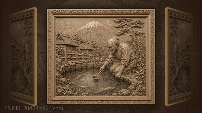 Elder lowers his dipper beneath fuji 3d STL model