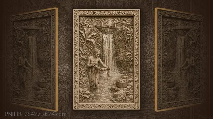 Woman wrings cloth below the falling water 3d STL model