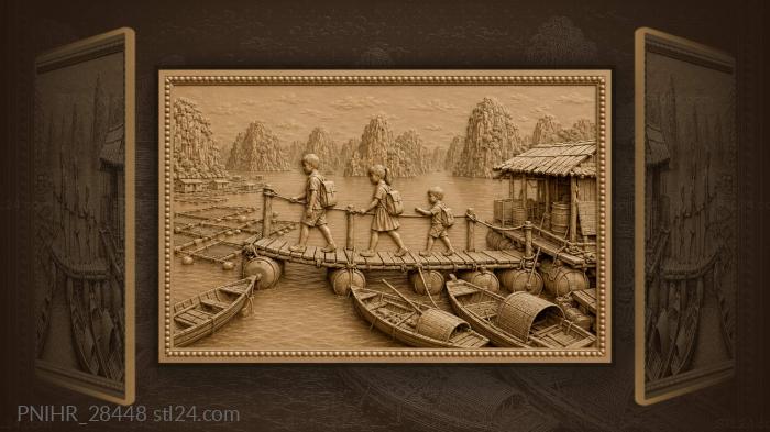 Schoolchildren cross pontoons above moored sampans 3d STL model