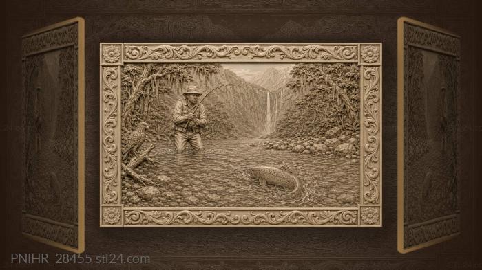 Angler in clear fiord water below a waterfall 3d STL model