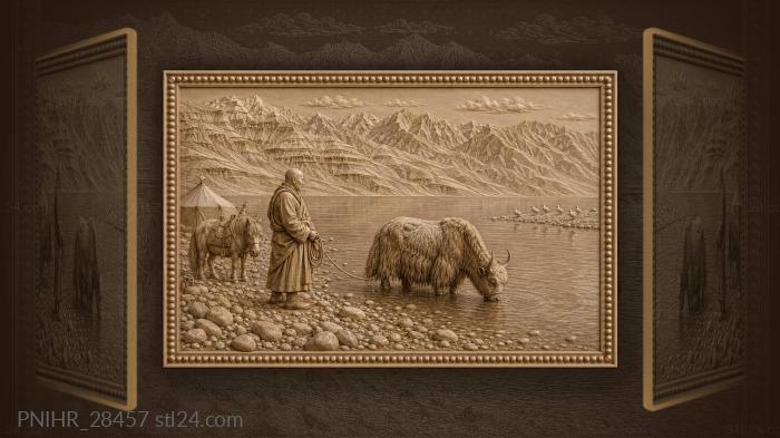 Ladakh lake yak and waiting monk 3d STL model