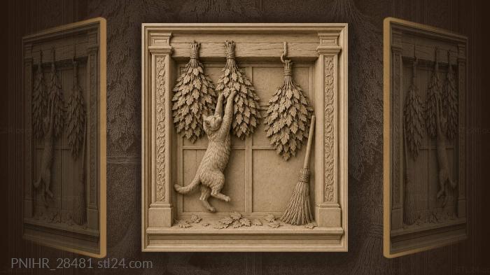 Playful cat swings from birch besom 3d STL model