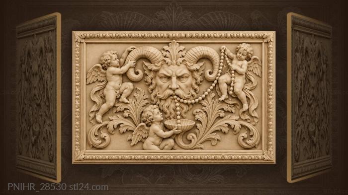 Putto dangles beads across maskaron 3d STL model