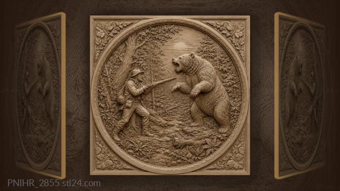 Hunter with rifle facing a rearing bear 3d STL model