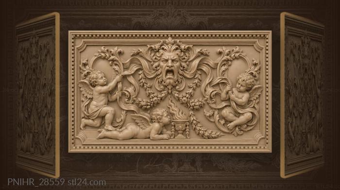 Ribbons entangle putti around the open mask 3d STL model