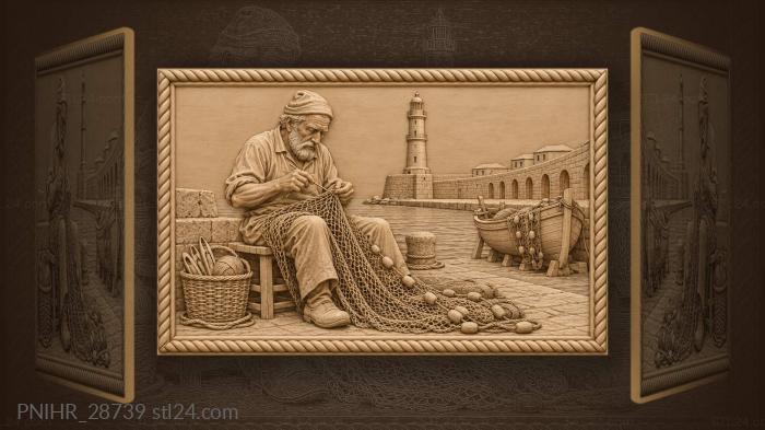 Old fisherman mending nets chania harbor 3d STL model