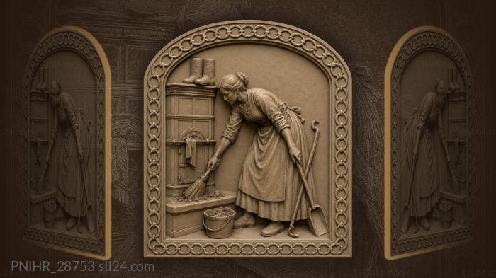 Hearth tools and woman sweeping ash 3d STL model
