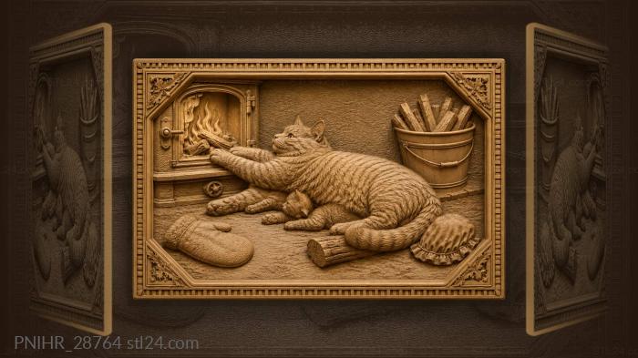Portly cat warms every paw by fire 3d STL model