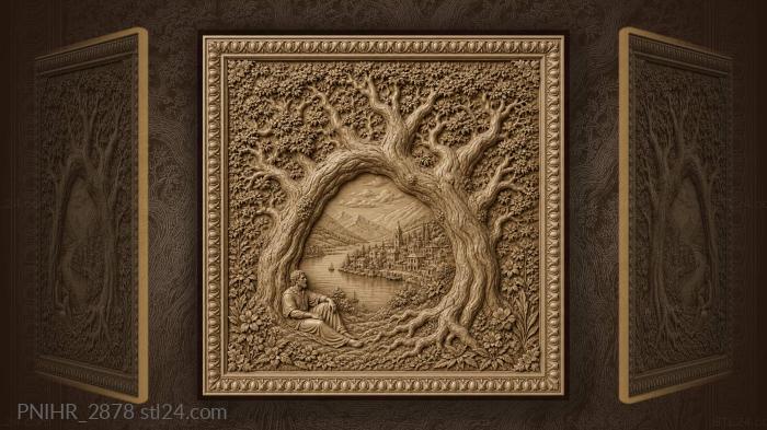 Ancient tree with village landscape 3d STL model