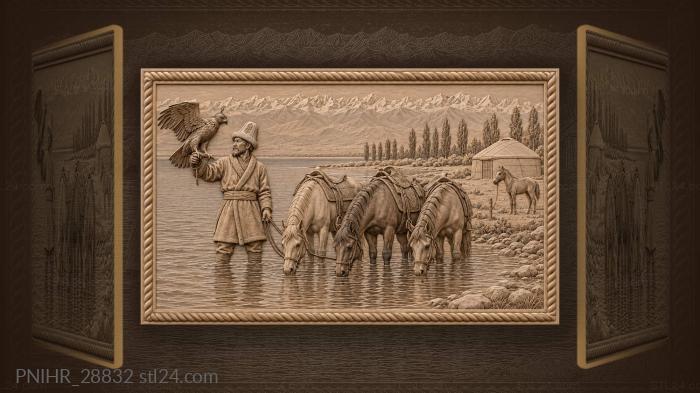 Horses drink as herdsman leads them 3d STL model