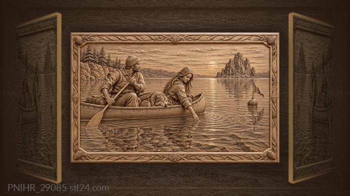 Twilight paddler crosses water toward shaman rock 3d STL model