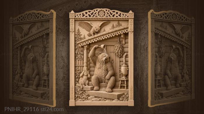 Bear drenches himself beside the startled cat 3d STL model