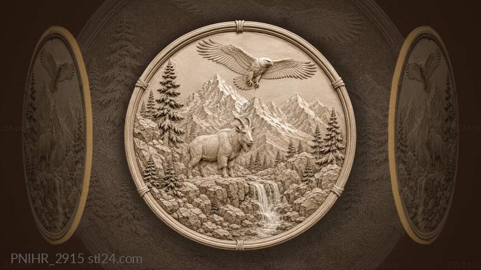 Eagle over a white goat by a waterfall 3d STL model