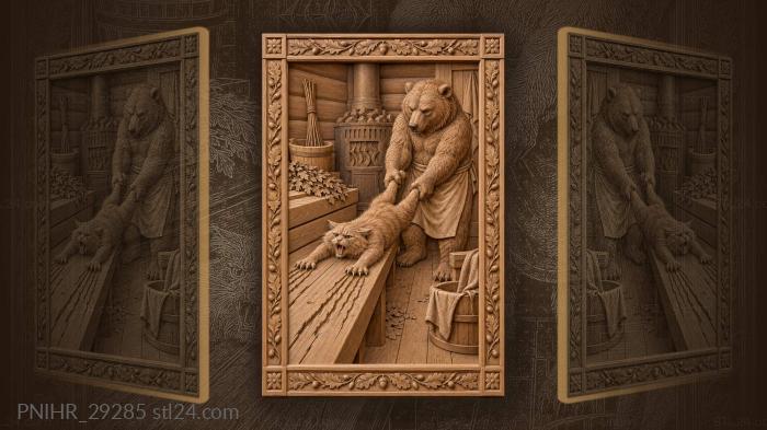 Bear pulls protesting cat to sauna 3d STL model