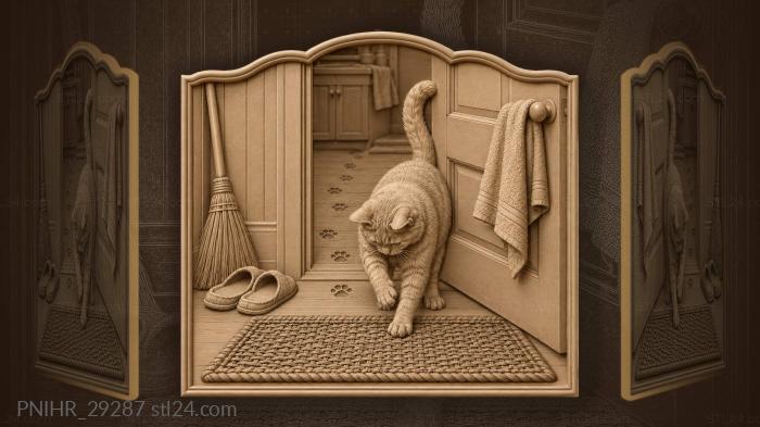 Cat washing paws at doorway 3d STL model