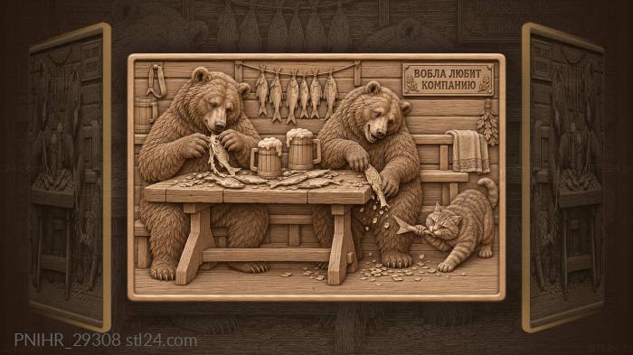 Bears feast with cat and beer 3d STL model