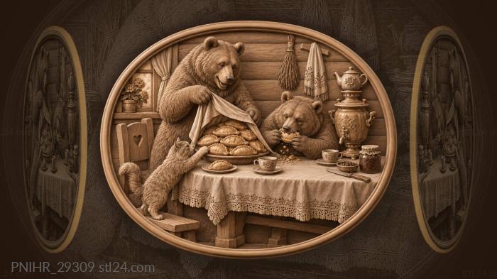 Bear uncovers pies for hungry cat 3d STL model