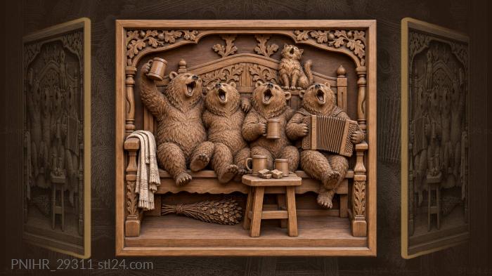 Bears singing with cat accordionist 3d STL model