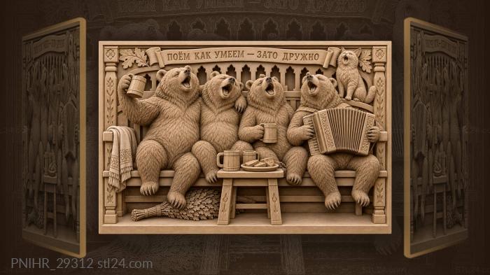 Bears singing with cat accordion player 3d STL model