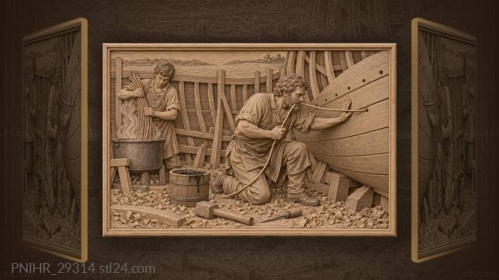 Shipwright and apprentice sew a hull with withies 3d STL model