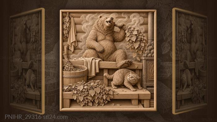 Bear’s bathhouse with playful cat 3d STL model
