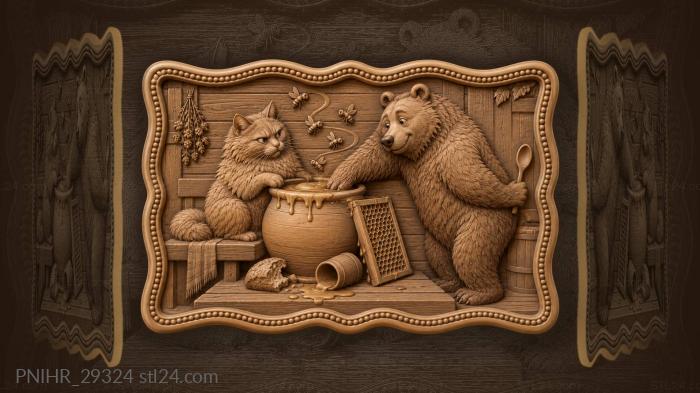 Cat guarding the honey pot from a bear 3d STL model