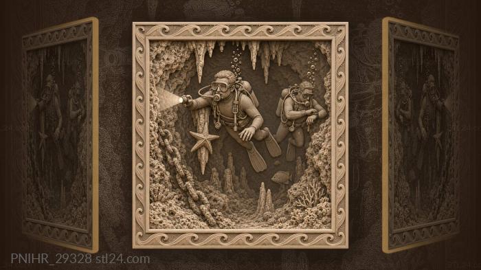 Divers exploring underwater cave depths 3d STL model