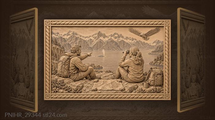 Fjord hikers point while an eagle circles 3d STL model