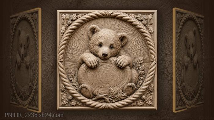 Playful bear cub peeking around 3d STL model