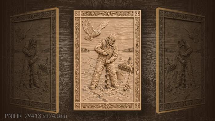Fisherman drills ice beneath snowy owl 3d STL model
