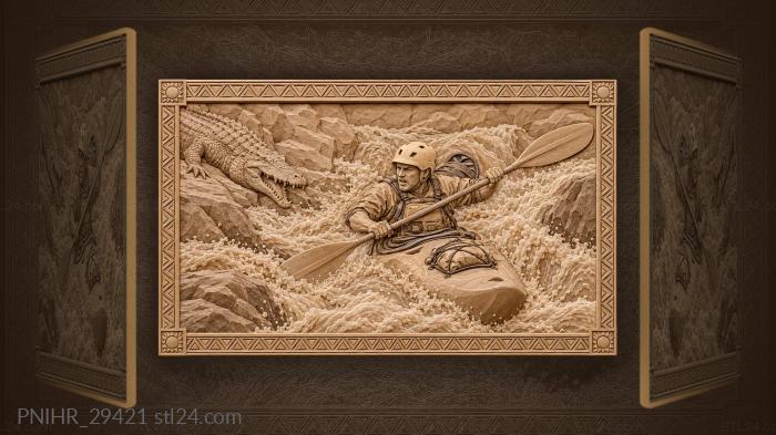 Kayaker paddles rapids beside crocodile 3d STL model