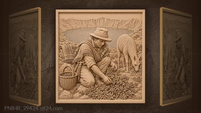Forager gathers berries beside a grazing llama 3d STL model