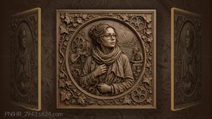 Woman in glasses and scarf among film reels 3d STL model