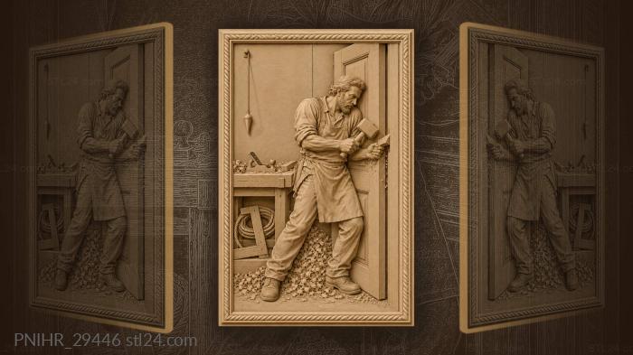 Carpenter braces a warped door with his shoulder 3d STL model